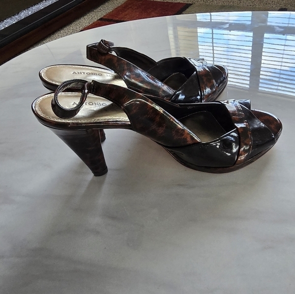 Antonio Melani Heels Womens Sz 9M Brown Patent Leather Open Toe  Ankle - Picture 10 of 15